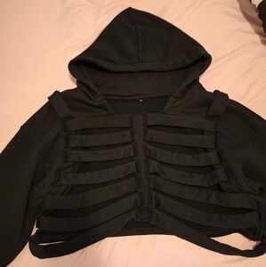 Black Skeleton Ribcage Crop Hoodie